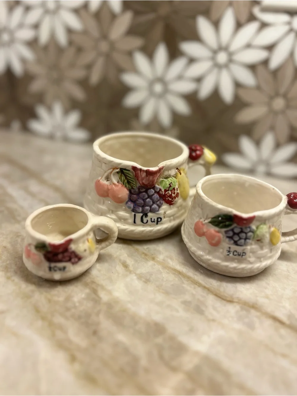 Ceramic Fruit Embossed Measuring Cup Set - Cream